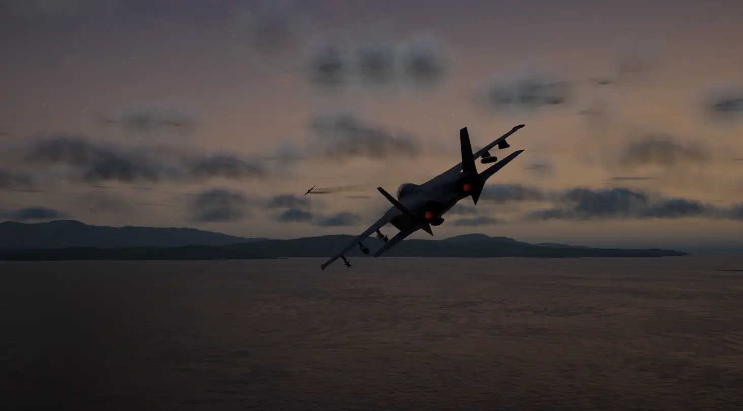 A TA-30 jet flying during sunset after another TA-30 which is smoking from damage